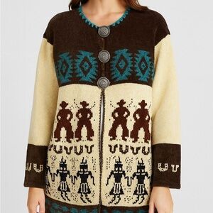 HILARY SMITH Southwestern Cowboy Chenille Tribal Cardigan Sweater Concho Buttons